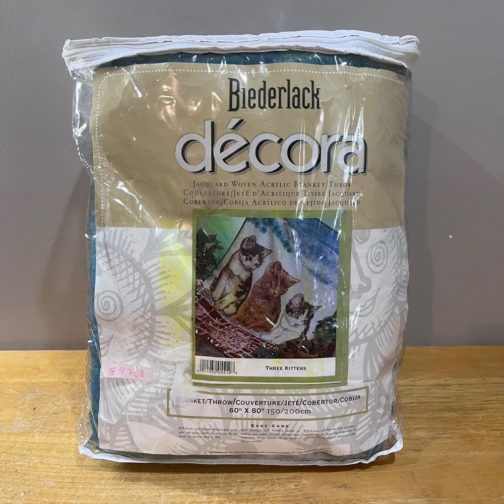 Vtg Biederlack Decora Three Kittens Jacquard Woven Blanket Throw 60x80 USA